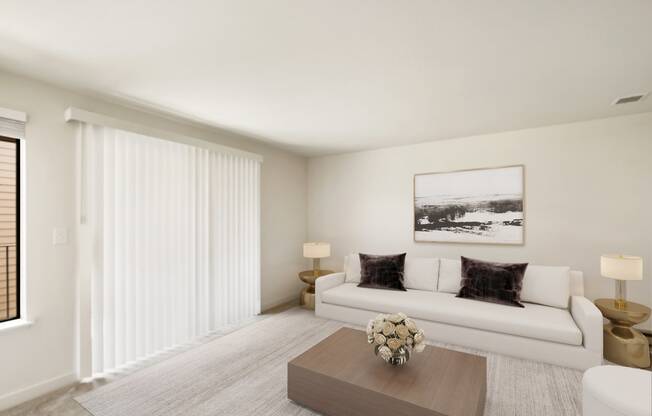 a living room with white walls and a large window  at Brix, Washington, 99362