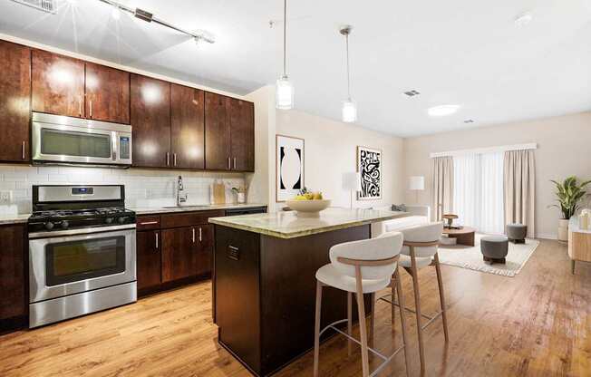 A modern kitchen with dark wood cabinets and stainless steel appliances at Metro 303, Hempstead, NY, 11550