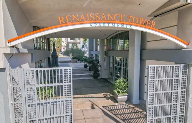 Entrance gate and view of Grand Hope Park from Renaissance Tower, California, 90015