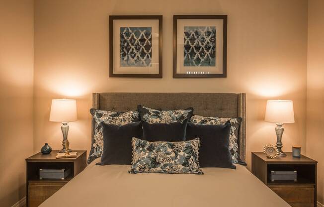 Bedroom with frame and lamps at Level 25 at Oquendo by Picerne, Las Vegas, Nevada