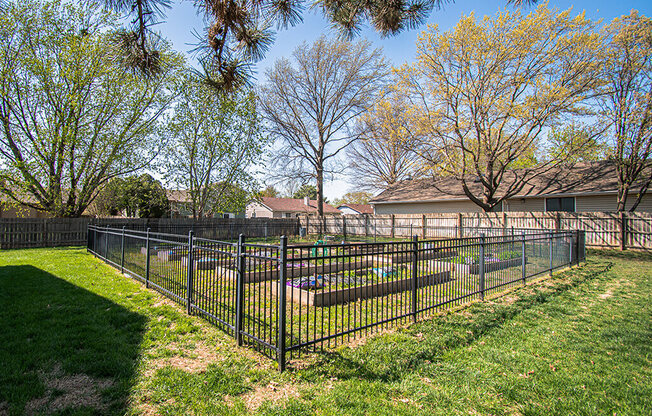 A black fence surrounds a green lawn.