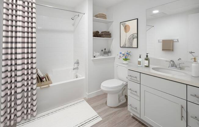 a bathroom with a shower and a toilet and a sink