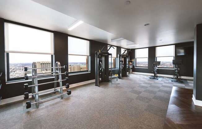 The Stott fitness center with a view of the city.