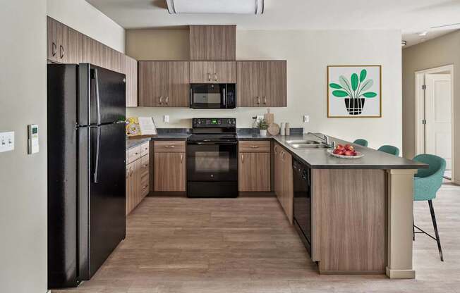 A kitchen with black appliances and wooden cabinets.