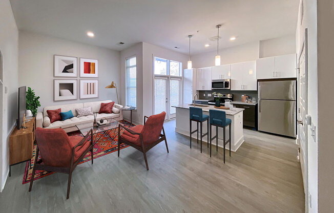 Living Room With Gourmet Kitchen View at Link Apartments® Linden, Chapel Hill, NC, 27517