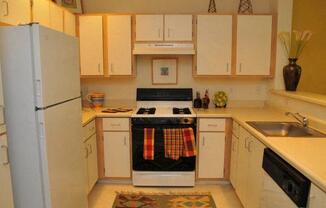 a kitchen with a stove and a refrigerator