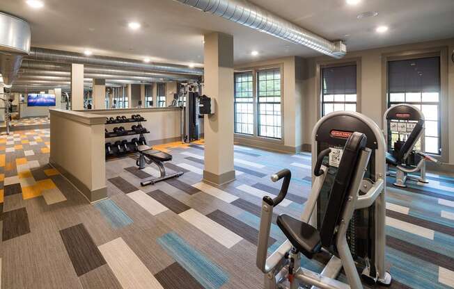 Fitness Center with Cardio, CrossFit & Yoga Components at Echo at North Pointe Center Apartment Homes, Alpharetta, GA 30009