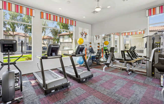 A gym with treadmills, exercise bikes, and other equipment.