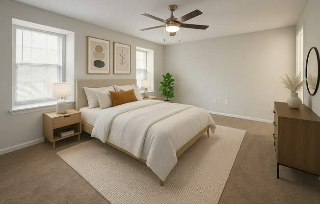 A bedroom with a large bed and a ceiling fan.