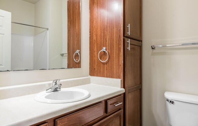 a room with a sink and a mirror