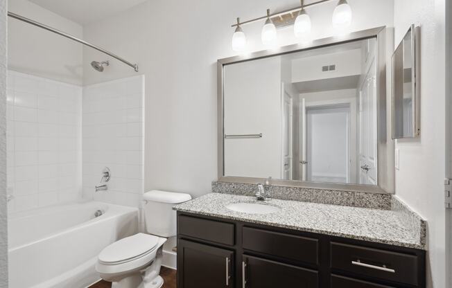 a bathroom with a large mirror and a sink and a toilet