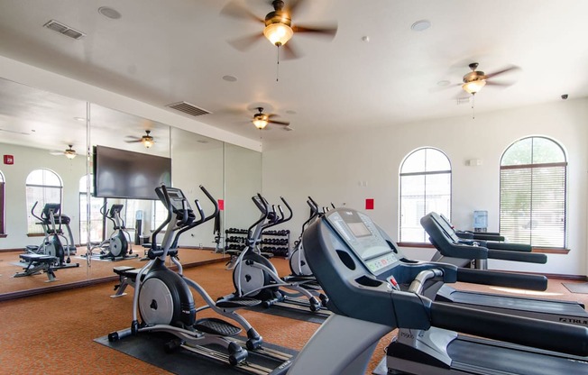 A spacious fitness center here at Andalucia Villas with modern cardio equipment including treadmills and ellipticals, free weights along a mirrored wall, and large arched windows that bring in natural light, creating a bright and motivating workout environment.