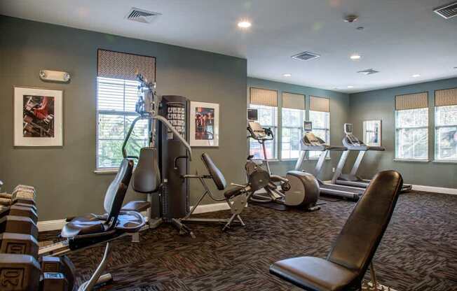 A gym with a variety of equipment including treadmills, stationary bikes, and weight machines.