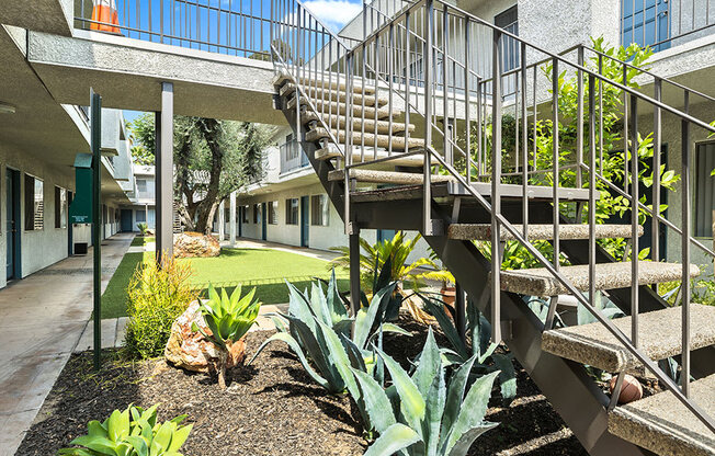 Drought-resistant landscaping in the courtyard.