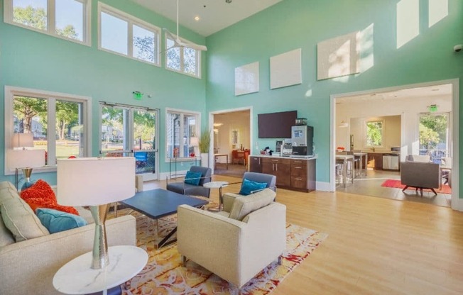 a living room with a couch and a table