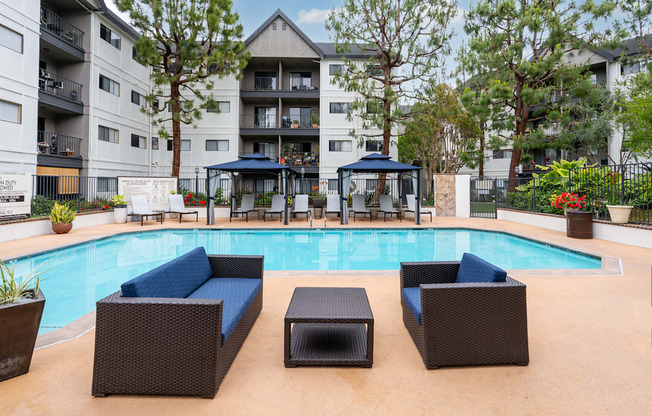 Pool area seating at 55+ FountainGlen Goldenwest, Westminster, CA