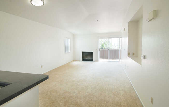 Carpeted Living Room with Fireplace and Balcony