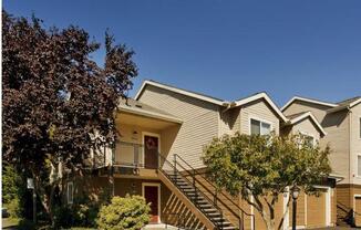 a row of houses with stairs and trees