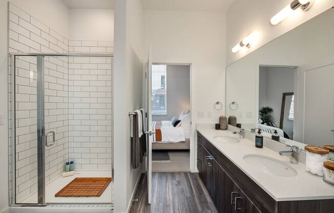 West 38 Apartments Model Bathroom with Shower and Double Vanities