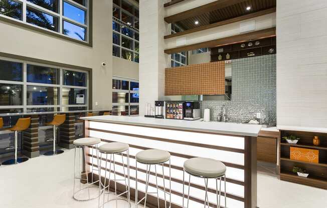 Clubhouse coffee bar with stools  at LandonHouse in Lake Nona