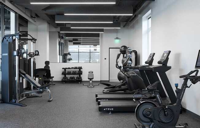 A gym with a variety of equipment including treadmills, weights, and exercise machines at Skylar At Sunset Apartments, California, 90027