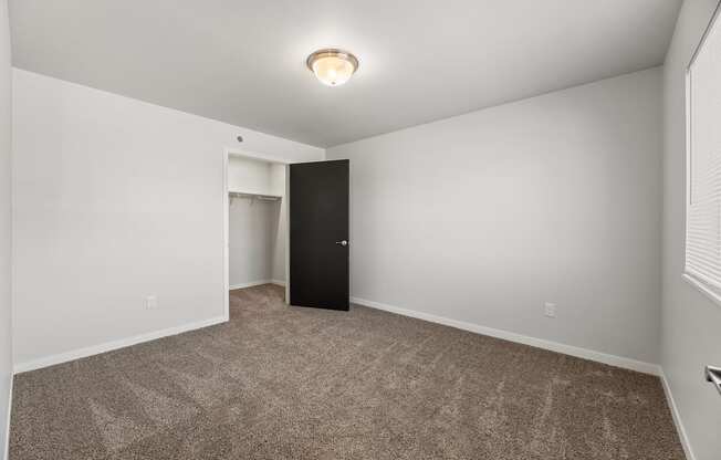 an empty living room with carpet and a door to a closet