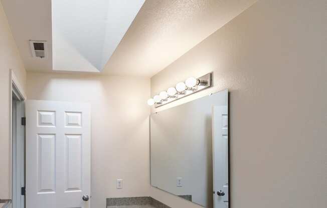 a bathroom with a sink and a mirror and a toilet