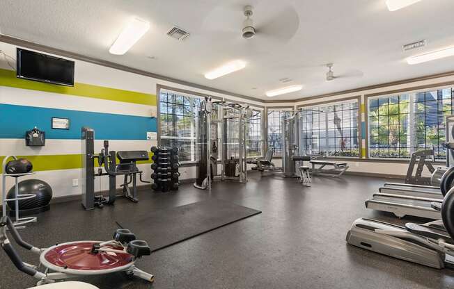 a workout room with weights and other exercise equipment at the enclave at woodbridge apartments in sugar