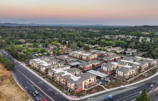 an aerial view of Sierra Gateway Apartment complex at dusk way