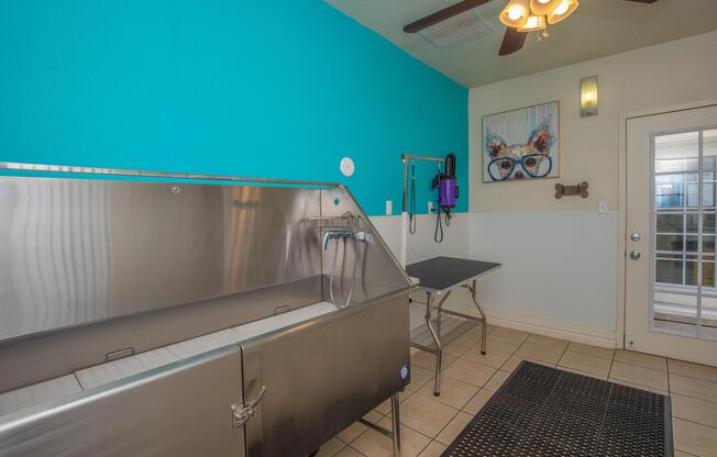 a room with a sink and a window