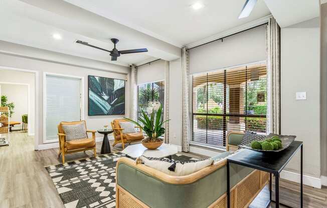 a living room with a couch and a table