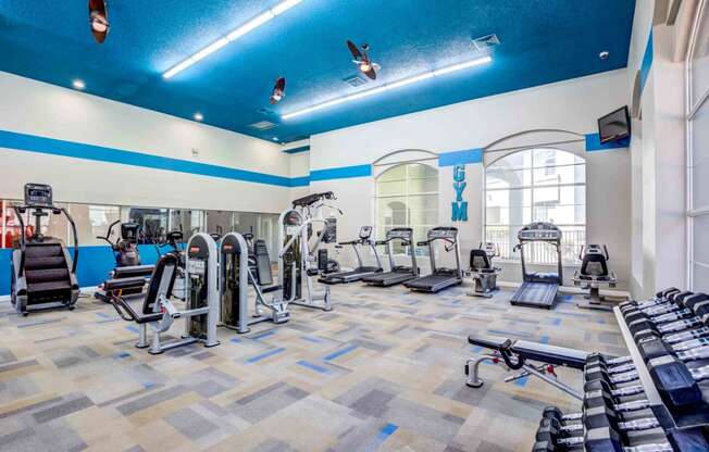 a gym with cardio equipment and weights in a building with windows