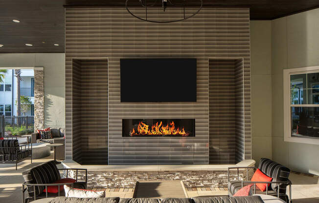 Drift Town Center East outdoor fireplace and seating area