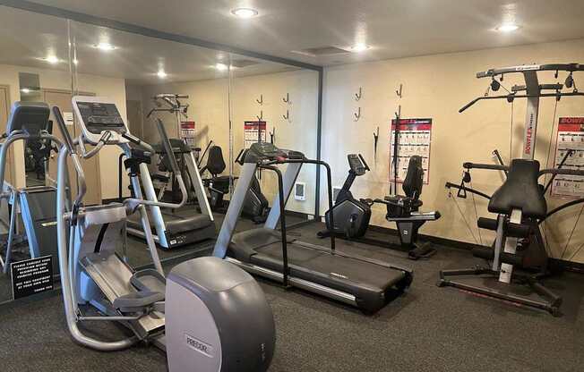 A gym with a variety of exercise equipment including treadmills, stationary bikes, and elliptical machines.
