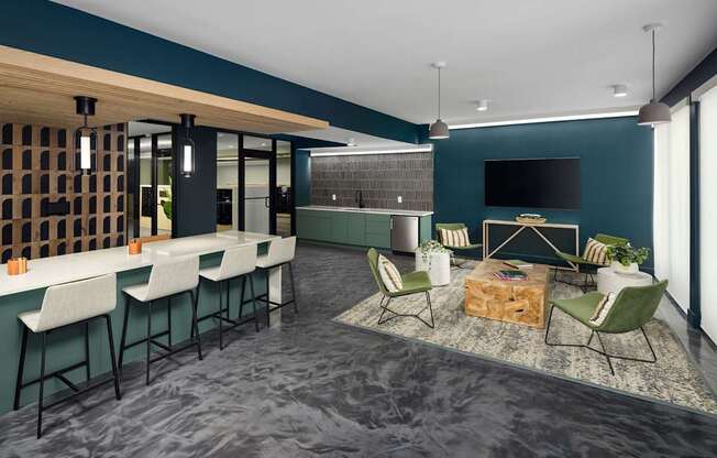 A modern kitchen with a dark blue wall and a wooden ceiling.