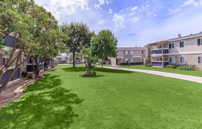 A well-maintained residential area featuring green grass, trees, and multi-story apartment buildings. The sky is clear with a few clouds, creating a bright and inviting atmosphere. A pathway runs through the center, leading toward the buildings, enhancing the communal feel of the space.
