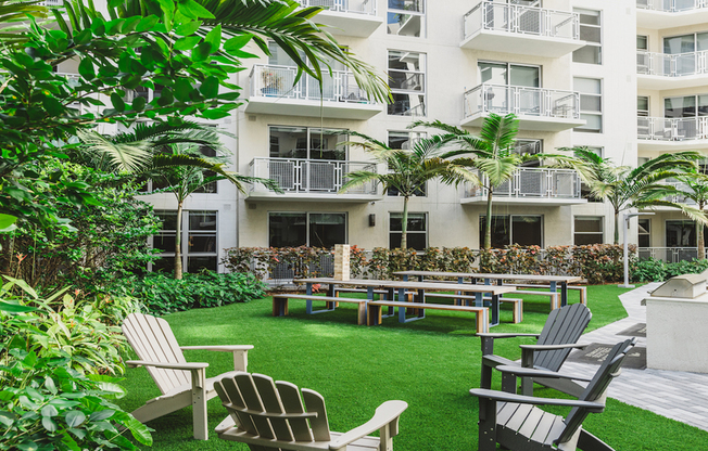 Serene courtyard with grilling stations and dining areas