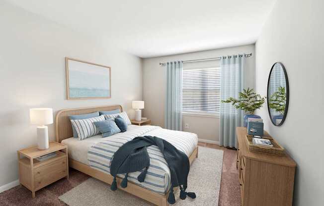 A bedroom with a bed, nightstands, and a painting on the wall.