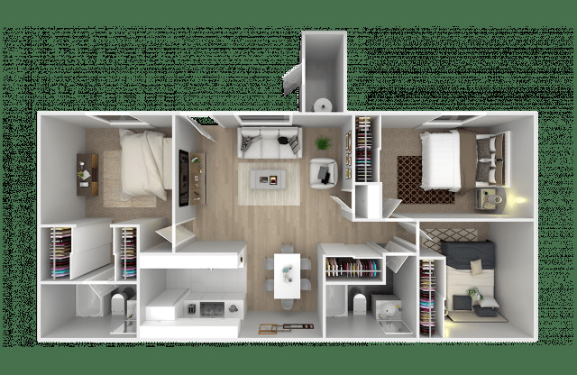 A 3D floor plan of a small apartment with a kitchen, living room, and bedroom.