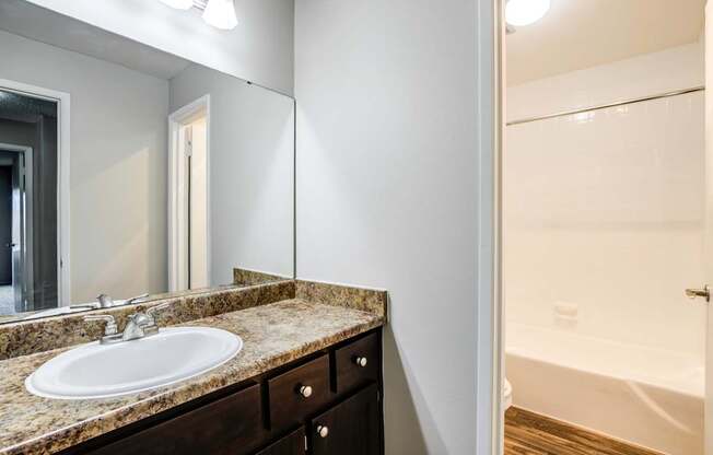 A bathroom with a sink and a mirror.
