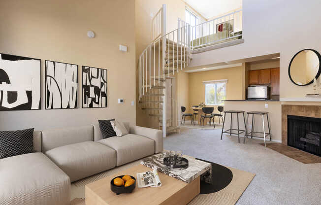 Carpeted Living Room with Fireplace