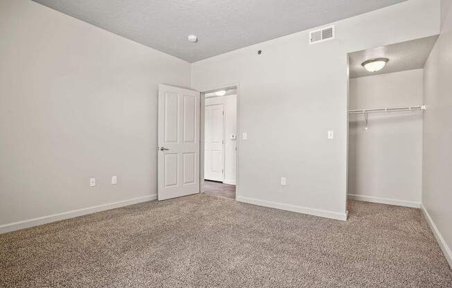 A room with a carpeted floor and a closet with a door.