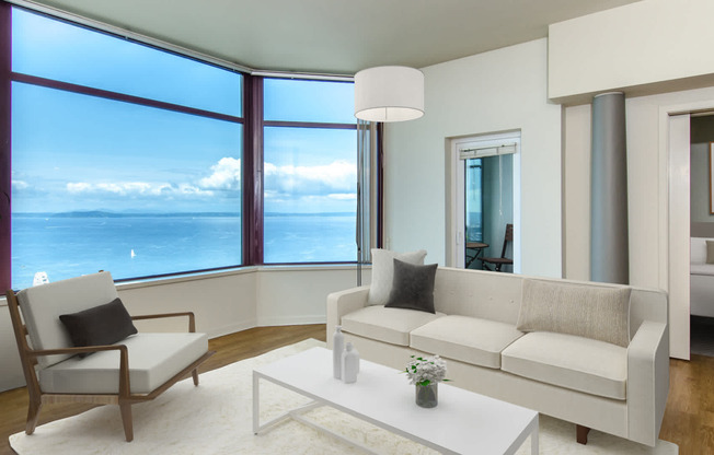 Living Room with Hard Surface Flooring and Views of the Bay