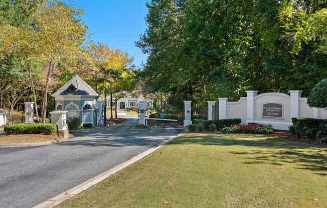 Front entrance gate and sign located at St. Andrews Apartments in Johns Creek, GA 30022