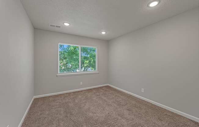 an empty room with carpet and a window