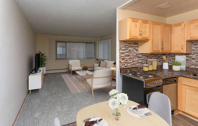 A well-lit kitchen and living room