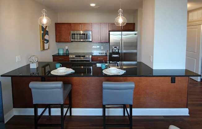 Gourmet Kitchen With Island at The Terminal Tower Residences Apartments, Cleveland, OH, 44113