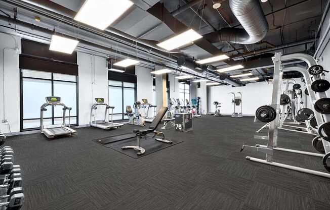 A gym with a variety of equipment including weights and treadmills.
