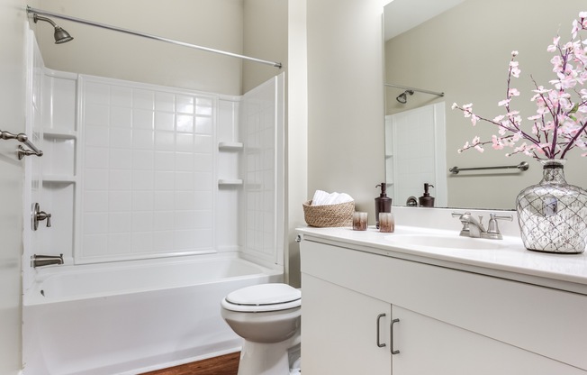 View of Bathroom, Showing Single Vanity, Toilet, and Garden Tub at Alpha Mill Apartments