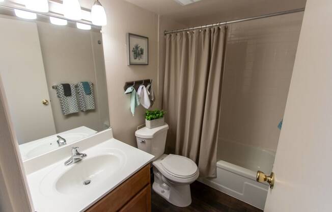 This is a picture of the bathroom in the 980 square foot, 2 bedroom, 1 bath model apartment at Fairfield Pointe Apartments in Fairfield, Ohio.